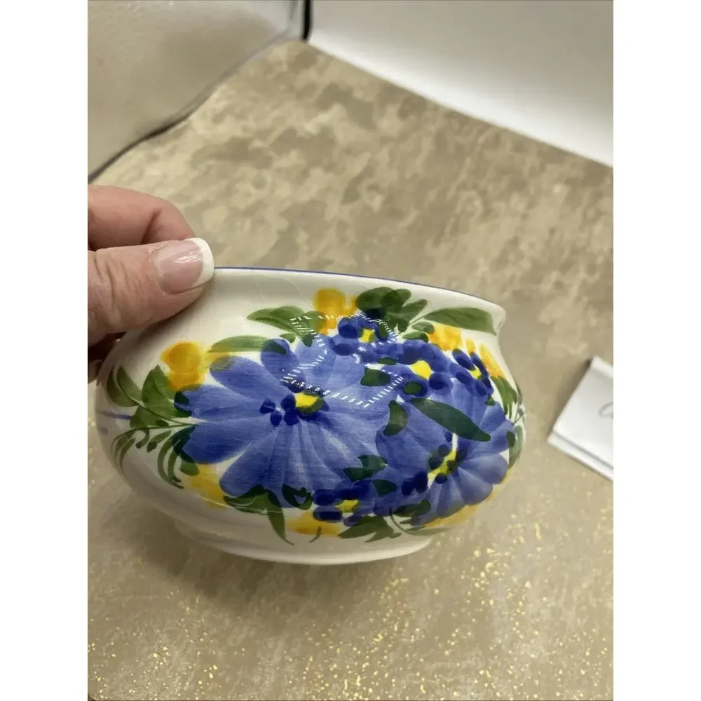 Vintage Hand Painted Rice/Soup Bowl 5” Diameter Blue & Yellow Floral Design